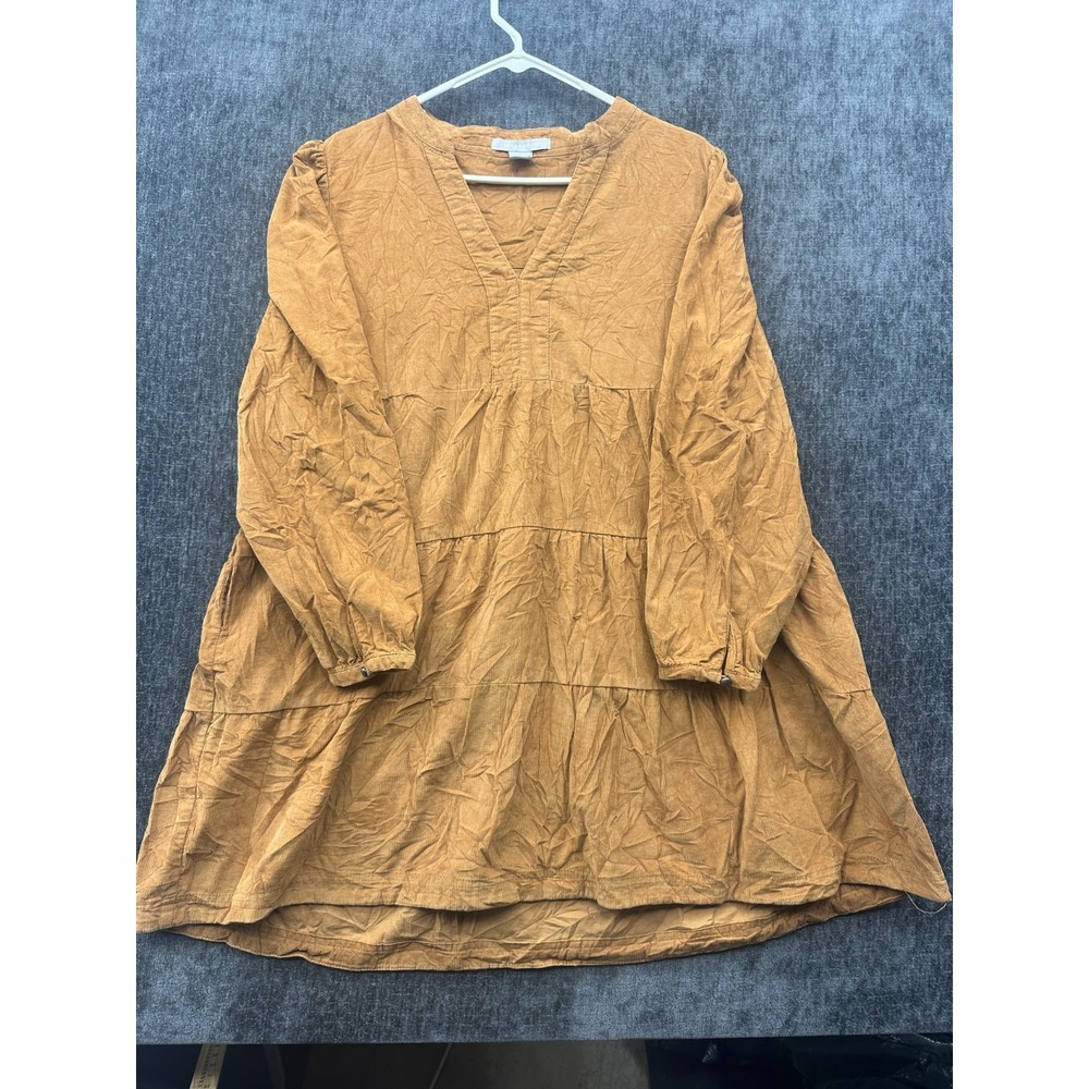 Lucky Brand Corduroy Dress Womens Large Camel Brown Tiered V-Neck Long Sleeve